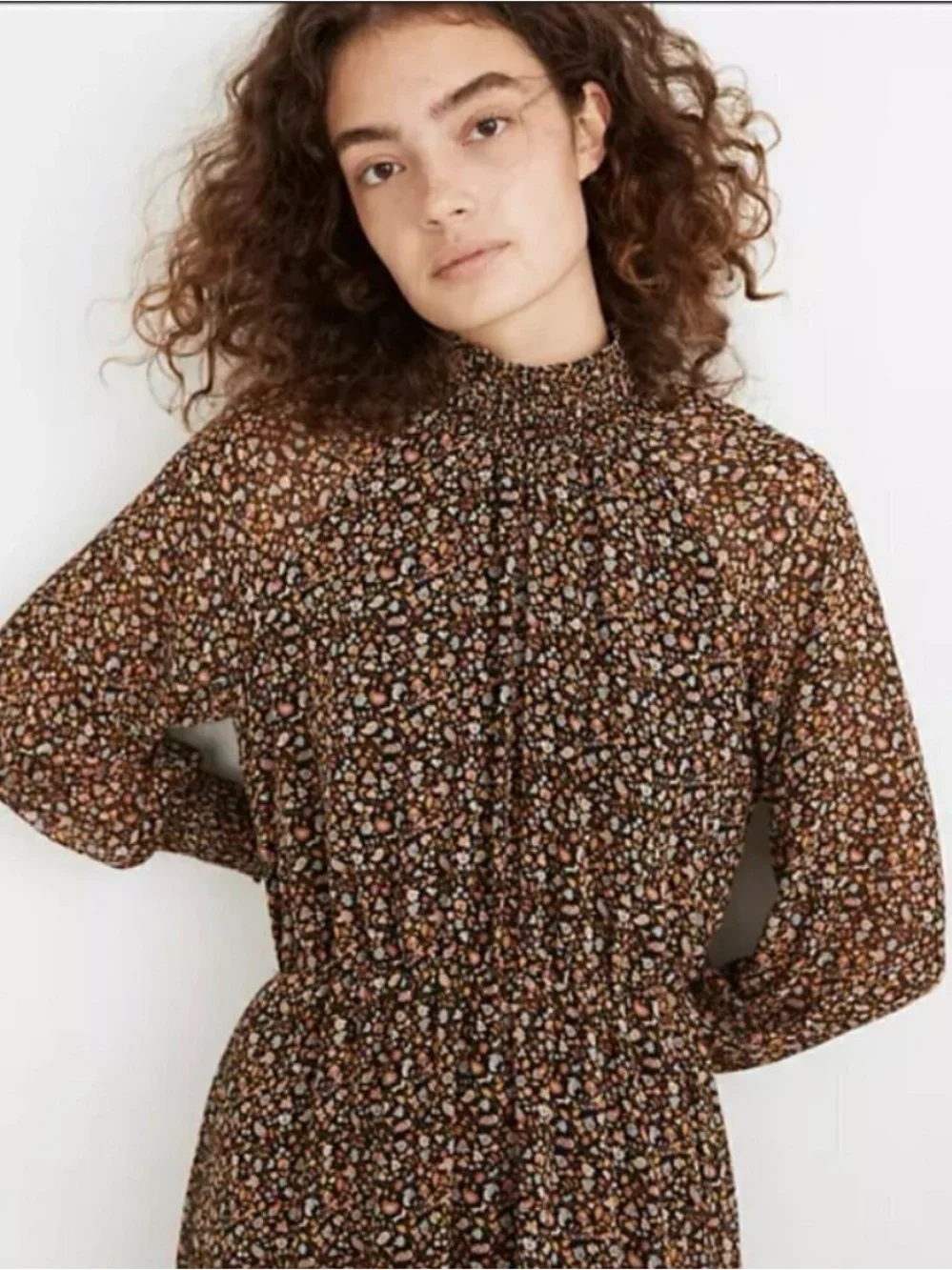 MADEWELL Georgette Smocked-Neck Midi Dress Folktale Paisley XXS XS‎